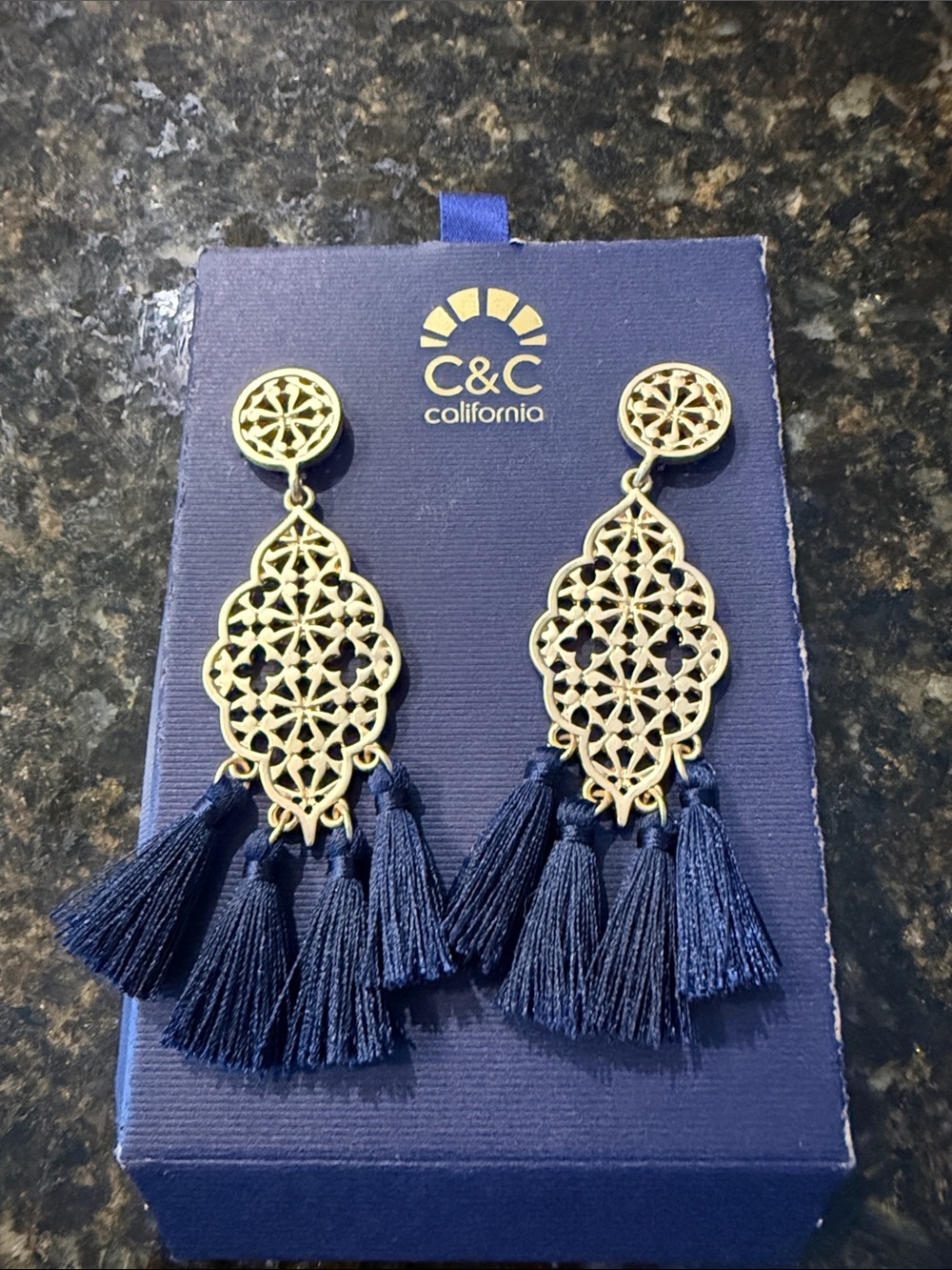 C&C California Gold Filigree Earrings with Navy Tassels